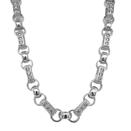 925 sterling silver gypsy link chain with cubic zirconia stones belcher chain for men and women solid link 10 mm wide.
