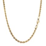 9k yellow gold solid normal styled rope chain 3.35 mm wide for men, women and kids. The chain is available in 18 inches, 20 inches, 22 inches, 24 inches in length.