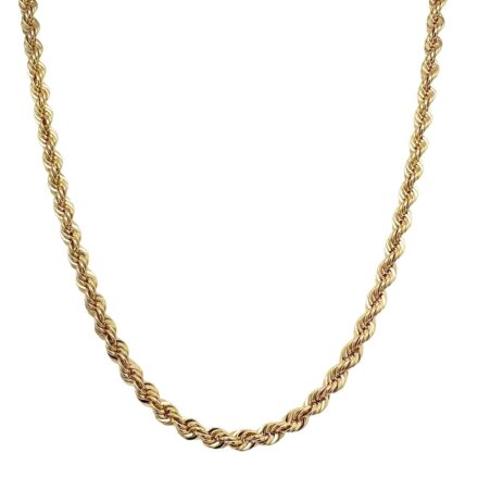 9k yellow gold solid normal styled rope chain 3.35 mm wide for men, women and kids. The chain is available in 18 inches, 20 inches, 22 inches, 24 inches in length.