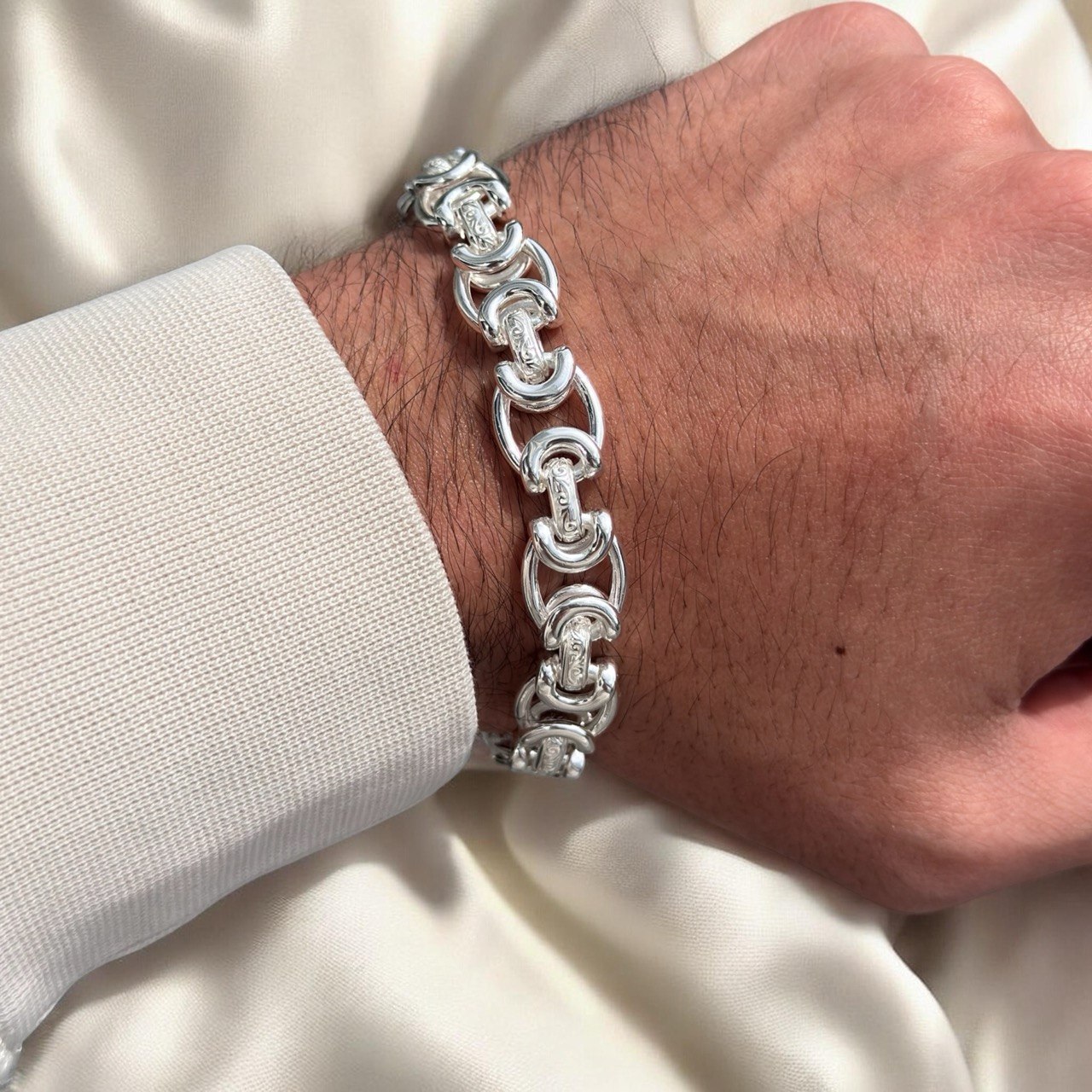 925 Sterling Silver Solid Flat Byzantine Bracelet With Patterned