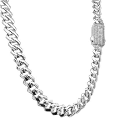 925 sterling silver prog styled cuban chain with stone set box clasp for men women 9 mm wide.