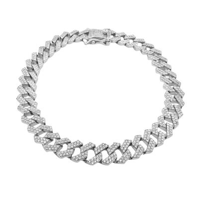 prong set cuban bracelet set with cubic zirconia stones 8 mm wide, 925 sterling silver solid for men and women.