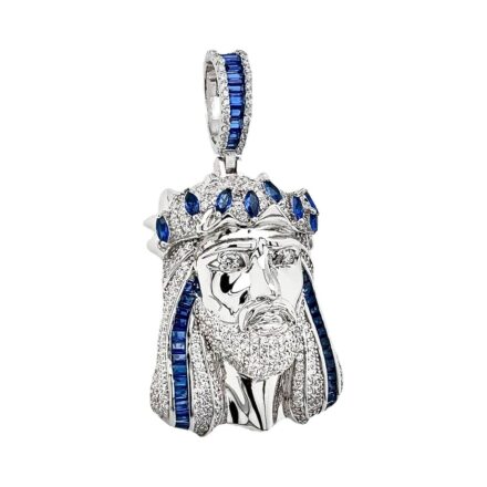 925 Sterling silver Jesus piece pendant for men with blue and white cubic stones solid medium size.
