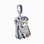 925 Sterling silver Jesus piece pendant for men with blue and white cubic stones solid medium size.