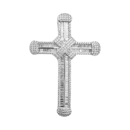 Stone set Cross over cross pendant for women and kids with baguette and round stones. The cross pendant is large size.