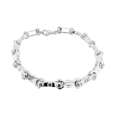925 sterling silver bone link bracelet solid for men with intricate shiny polish. 7.5 mm wide, 8.5 inches, 8 inches and 7.5 inches.
