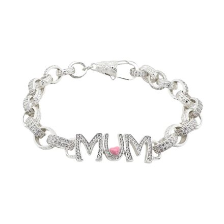 925 sterling silver MuM bracelet for women with pink enamel and patterned and cz links.