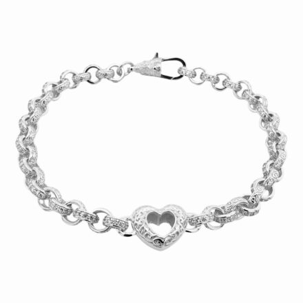 925 sterling silver ope heart belcher bracelet for women and kids 6 mm wide with cubic zirconia stones. 11 mm wide heart with intricate pattern.