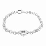 925 sterling silver ope heart belcher bracelet for women and kids 6 mm wide with cubic zirconia stones. 11 mm wide heart with intricate pattern.