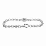 925 sterling silver ope heart belcher bracelet for women and kids 6 mm wide with cubic zirconia stones. 11 mm wide heart with intricate pattern.