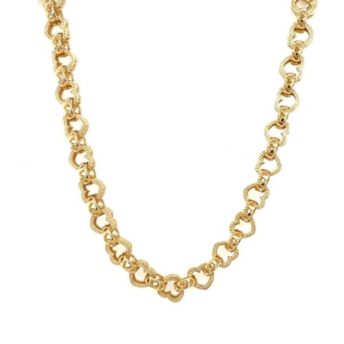 9k Yellow gold solid heart belcher chain with cut out heart for women and kids 7.5 mm wide 18 inches, 22 inches and 24 inches 20 inches.