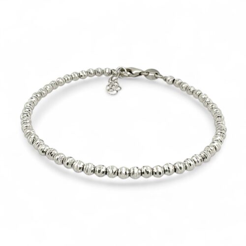 14k white gold diamond cut bead ball bracelet for ladies women in 14k white gold solid UK Hallmarked Italian made.