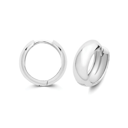 12 mm size Wide hoop earring 6 mm wide plain rhodium plated for men women and children or kids. 925 sterling silver.