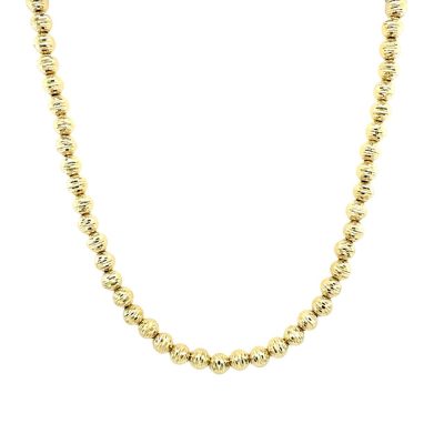 14k yellow gold solid bead ball chain with diamond cut pattern for women. 18 inches long