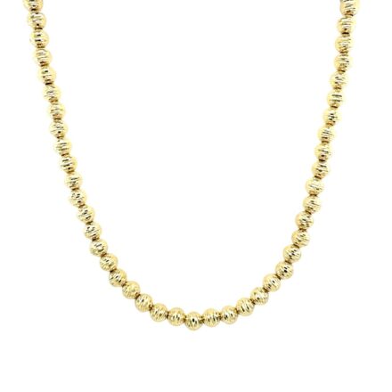 14k yellow gold solid bead ball chain with diamond cut pattern for women. 18 inches long