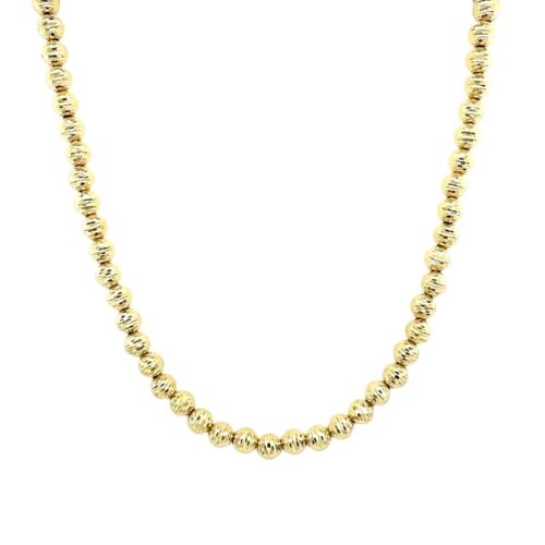 14k yellow gold solid bead ball chain with diamond cut pattern for women. 18 inches long