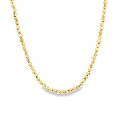 14k yellow gold solid bead ball chain with diamond cut pattern for women. 18 inches long 4 mm wide.