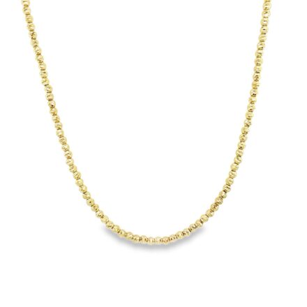 14k yellow gold solid bead ball chain with diamond cut pattern for women. 18 inches long 3 mm wide.