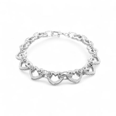 925 sterling silver heart belcher bracelet featuring interlocking textured heart links and belcher chain design, available in lengths from 7 to 8.5 inches, displayed on a white background