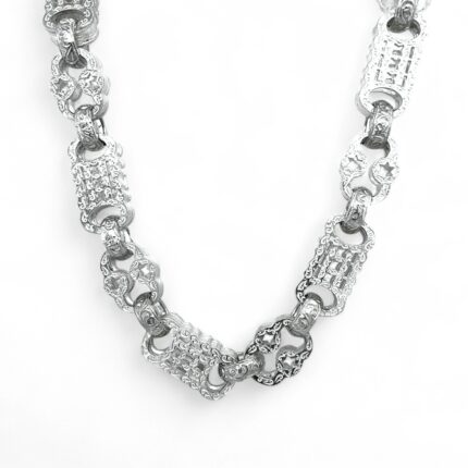 A handmade 12mm wide Stars and Bars Belcher Chain crafted from premium 925 sterling silver. The chain features textured, interlocking patterned links, offering a bold and masculine look. Durable and strong, it is designed with a secure clasp for a comfortable fit and comes in a protective shipping package to ensure safe delivery.