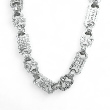 A handmade 12mm wide Stars and Bars Belcher Chain crafted from premium 925 sterling silver. The chain features textured, interlocking patterned links, offering a bold and masculine look. Durable and strong, it is designed with a secure clasp for a comfortable fit and comes in a protective shipping package to ensure safe delivery.