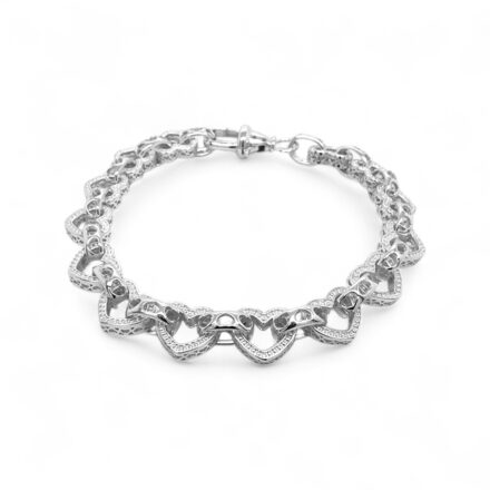 925 sterling silver heart belcher bracelet featuring interlocking textured heart links and belcher chain design, available in lengths from 7 to 8.5 inches, displayed on a white background