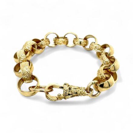 13.50 mm wide 9k yellow gold solid belcher bracelet patterned and plain links for men solid heavy weight.