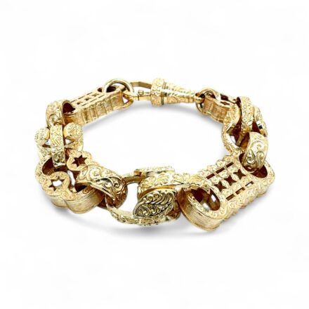 Handcrafted 9k yellow gold Stars and Bars Tulip bracelet, 15.50 mm wide with intricate star and bar patterns, polished finish, and tulip-inspired clasp.