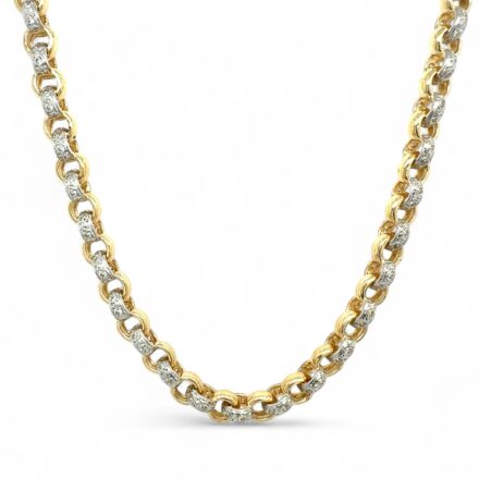 Solid 9k yellow gold Belcher chain set with high-quality cubic zirconia stones, 6mm wide, available in lengths from 16 to 30 inches. Elegant and durable design.
