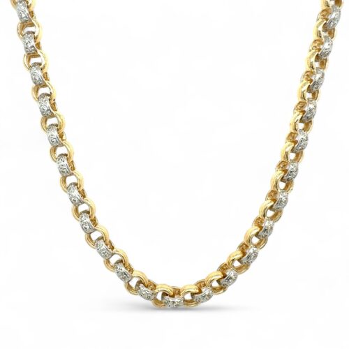 Solid 9k yellow gold Belcher chain set with high-quality cubic zirconia stones, 6mm wide, available in lengths from 16 to 30 inches. Elegant and durable design.