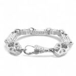 925 sterling silver Stars and Bars Belcher bracelet with intricate star and bar pattern, 15.50 mm wide, available in various lengths. Shiny, polished finish for a bold look.