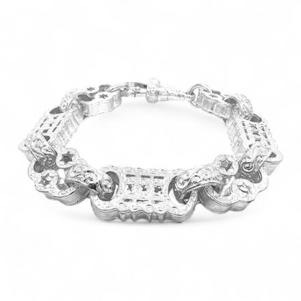 925 sterling silver Stars and Bars Belcher bracelet with intricate star and bar pattern, 15.50 mm wide, available in various lengths. Shiny, polished finish for a bold look.