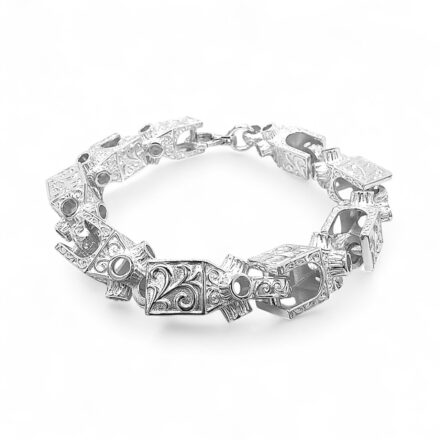 925 sterling silver Lego bracelet with intricate patterned links, 14 mm width, available in 8 to 10-inch lengths. Hallmarked and made in Italy for exceptional quality.