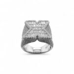 925 Sterling Silver X Design Ring with Round and Baguette Cubic Zirconia Stones, 18x18 mm Top.