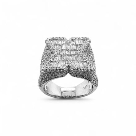 925 Sterling Silver X Design Ring with Round and Baguette Cubic Zirconia Stones, 18x18 mm Top.