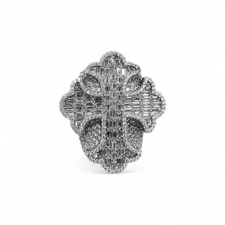 925 Sterling Silver Cross Ring with Baguette and Round Cubic Zirconia Stones.