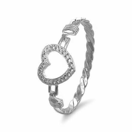 Open heart hook bangle with cubic zirconia stones for women uk hallmarked 925 sterling silver.