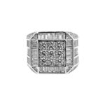 925 sterling silver square shaped signet ring for men with round and baguette cubic zirconia stones.