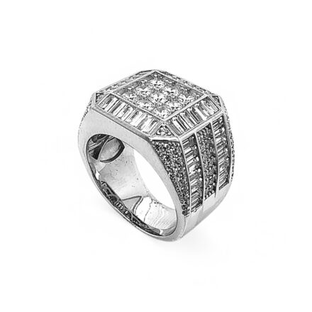 925 sterling silver square shaped signet ring for men with round and baguette cubic zirconia stones.