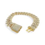 925 Yellow Gold Plated Silver Moissanite Stone Set Cuban Bracelet - 12 mm