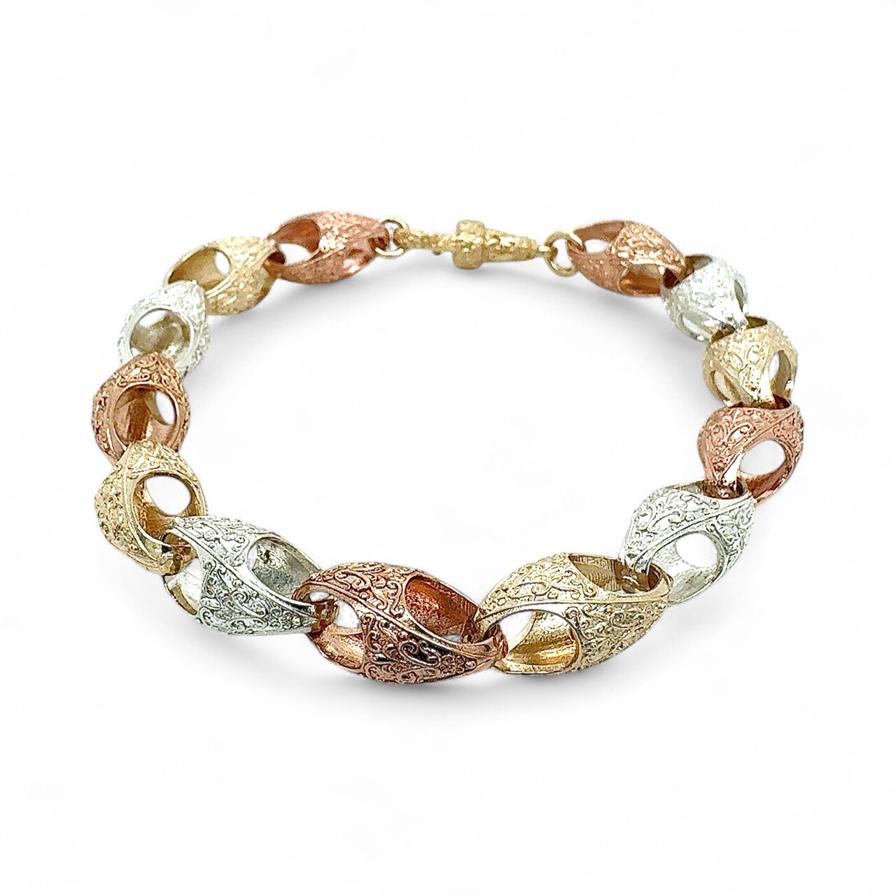 9k Tri-Colored Gold Patterned Acorn Styled Bracelet - 11 mm - Image 1