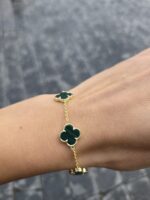 Silver Gold Plated 5-Clover Malachite Bracelet - Image 3
