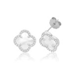 Silver Clover Stud Earrings Mother of Pearl & Cubic Zirconia