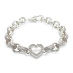 925 Sterling Silver Belcher Bracelet Open Heart Pink Cz and Patterned - 13 mm