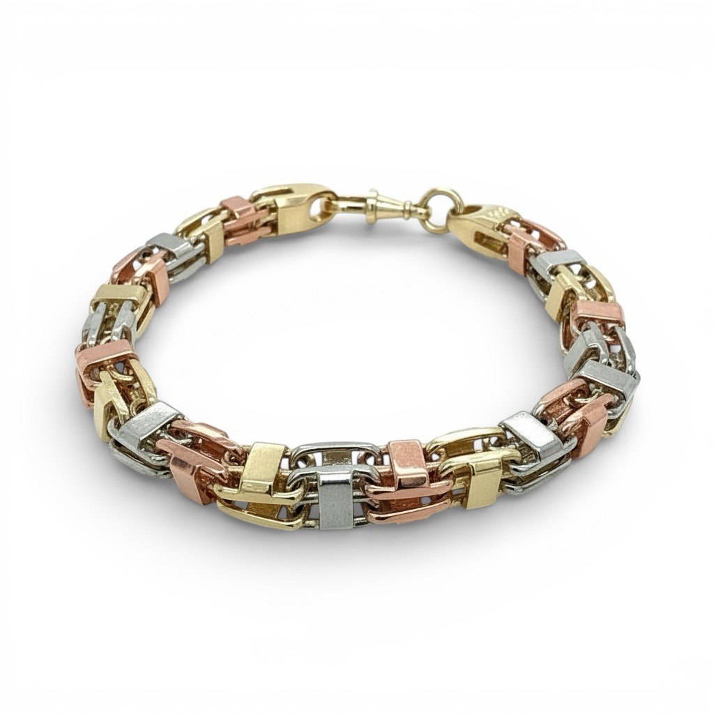 photo_5924564758570929215_y 9k Tri Colored Solid Gold Cage Styled Bracelet - 7.5 mm - Image 1