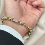 9k Yellow Gold Gypsy Link Belcher Bracelet Patterned and Stone Set Links - 10 mm - Image 4