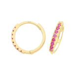 9k Yellow Gold Ruby CZ Huggies Earrings - Image 3