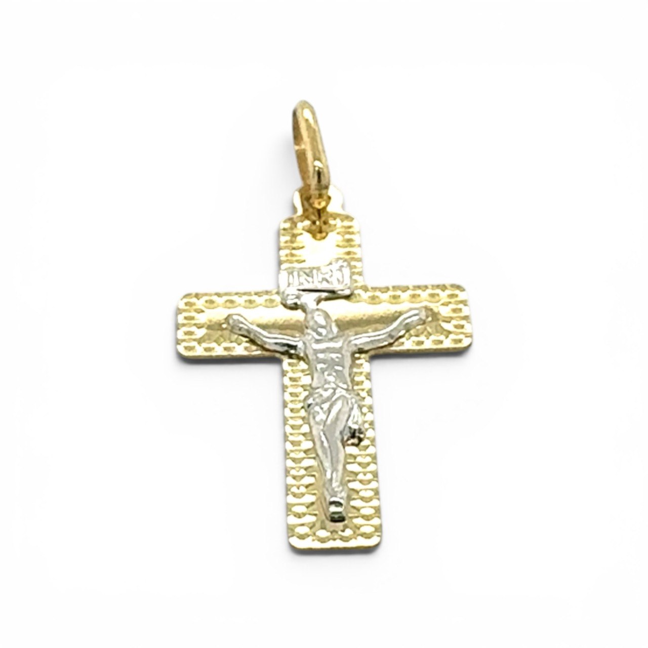 14k Yellow & White Gold Patterned Crucifix Cross Pendant - Image 1