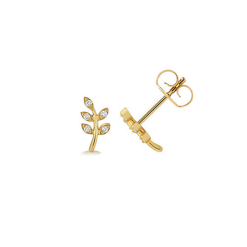 9k Yellow Gold Diamond Set Leaf Stud Earrings - Image 1