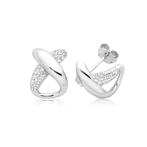 925 Sterling Silver Cz Ribon Stud Earrings - Image 1